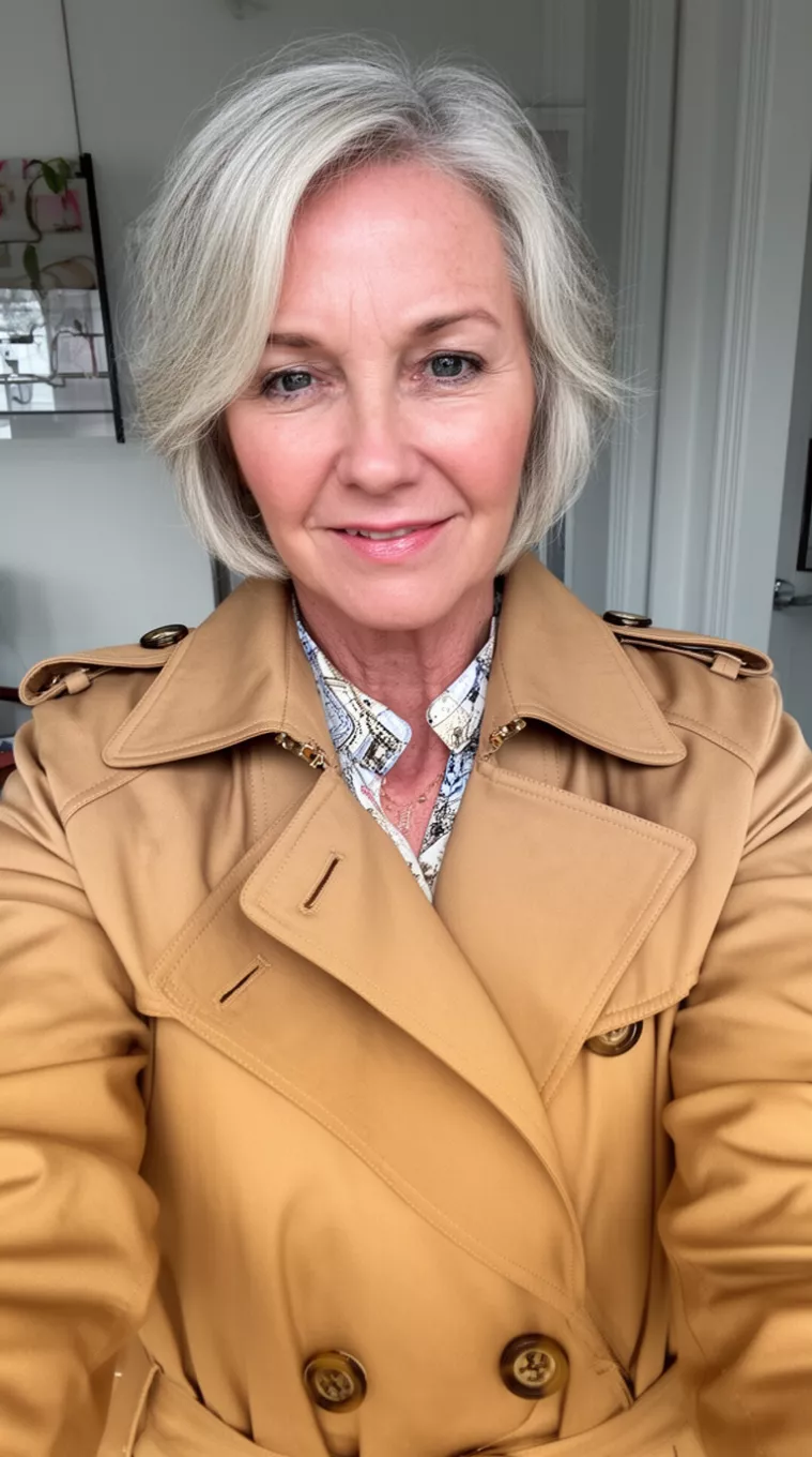 selfie of a 61-year-old woman wearing a camel colored trench coat with Birkin-Inspired Layers