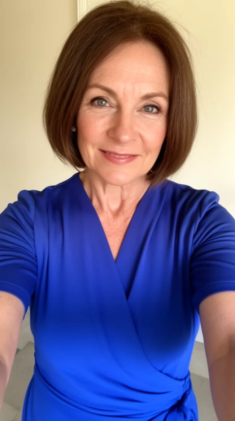 selfie of a 60-year-old woman wearing a royal blue wrap dress with an Angled Chin-Length Bob