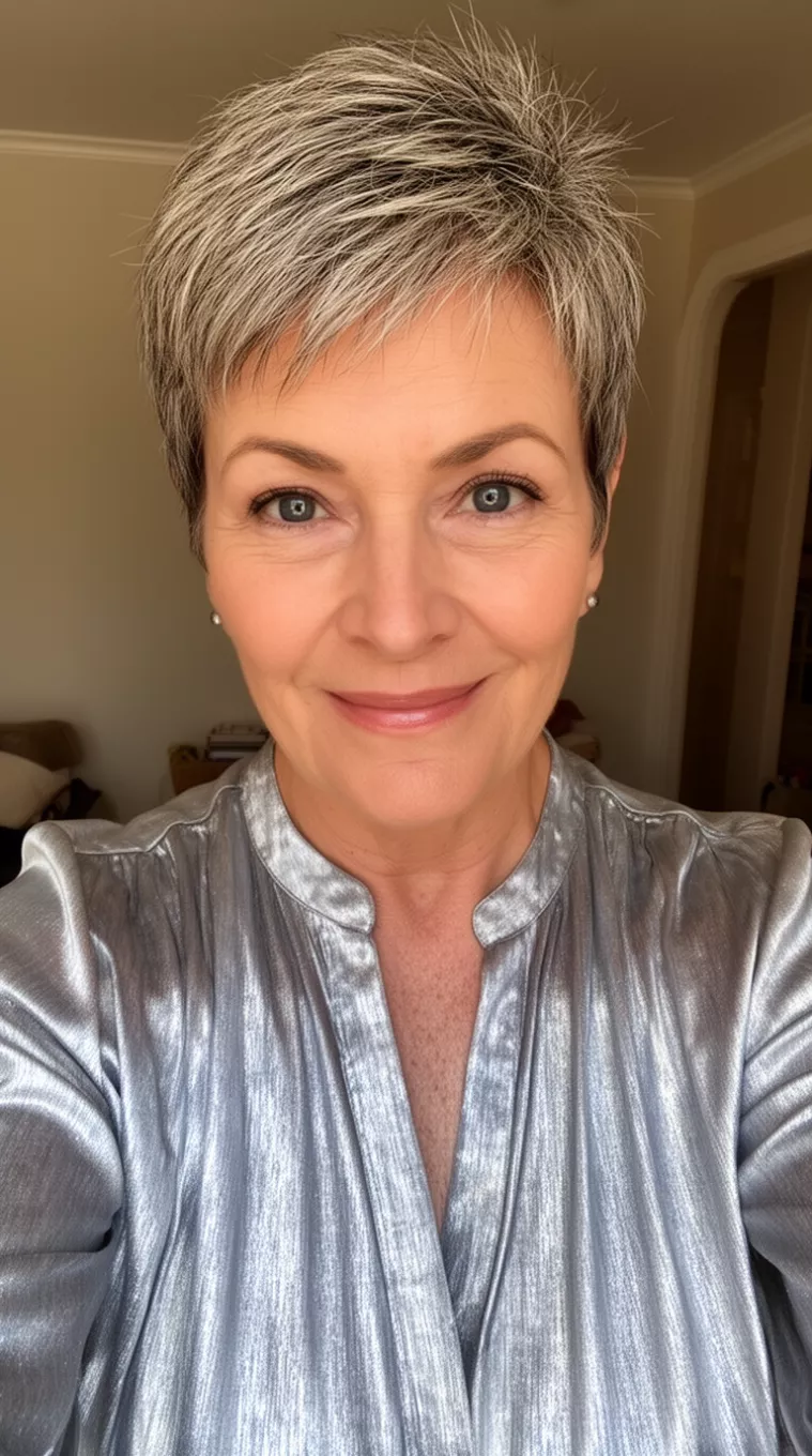 selfie of a 68-year-old woman wearing a silver metallic blouse with a Salt and Pepper Pixie