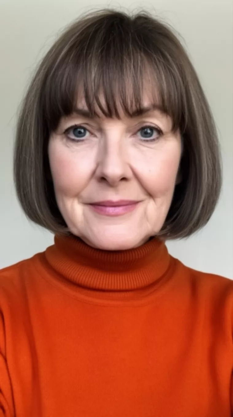 selfie of a 65-year-old woman wearing a burnt orange turtleneck with a Curtain Bangs Medium Bob