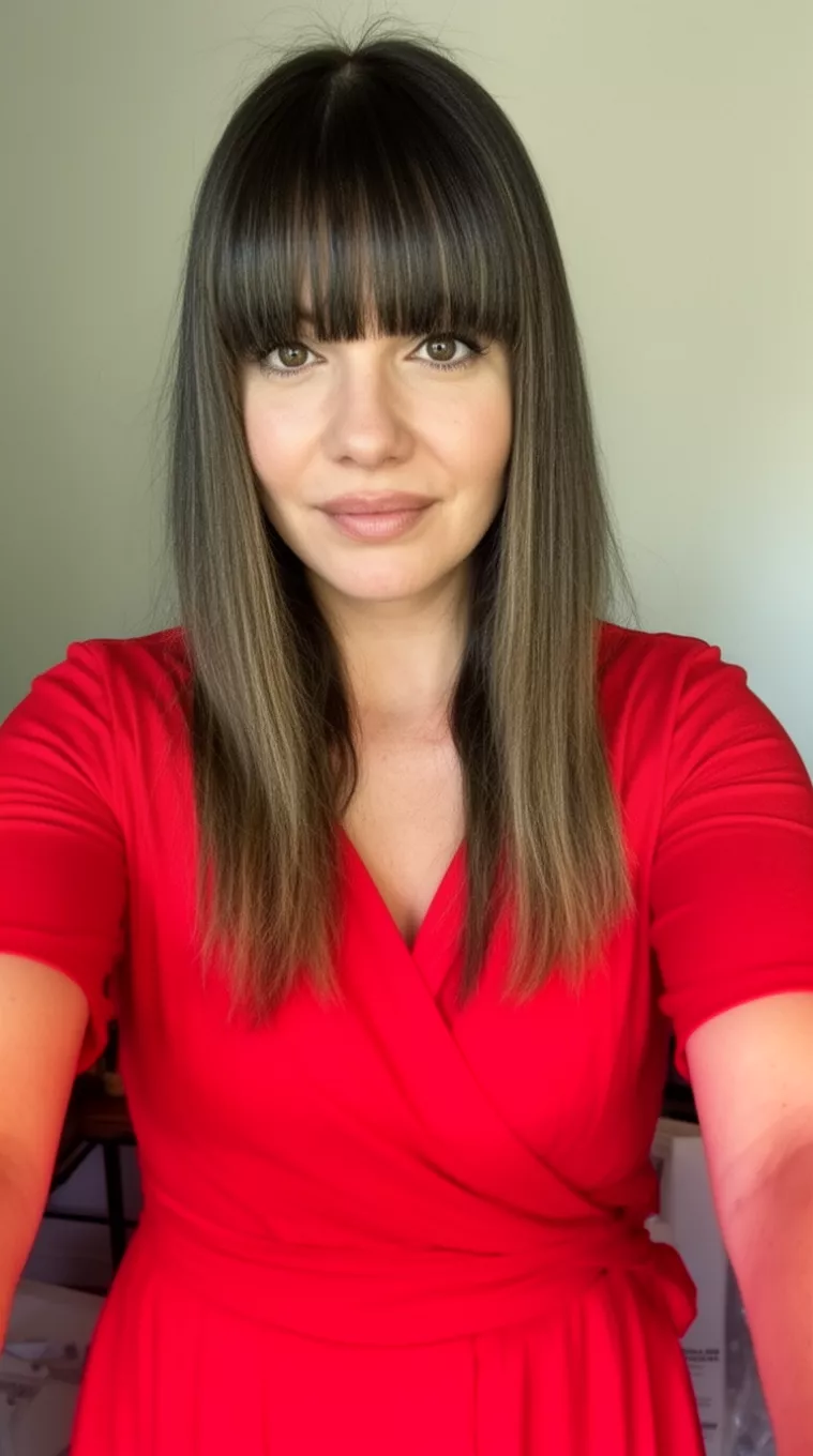 selfie of a 33-year-old woman wearing a red wrap dress with a Lengthy Eye-Skimming Bangs hairstyle