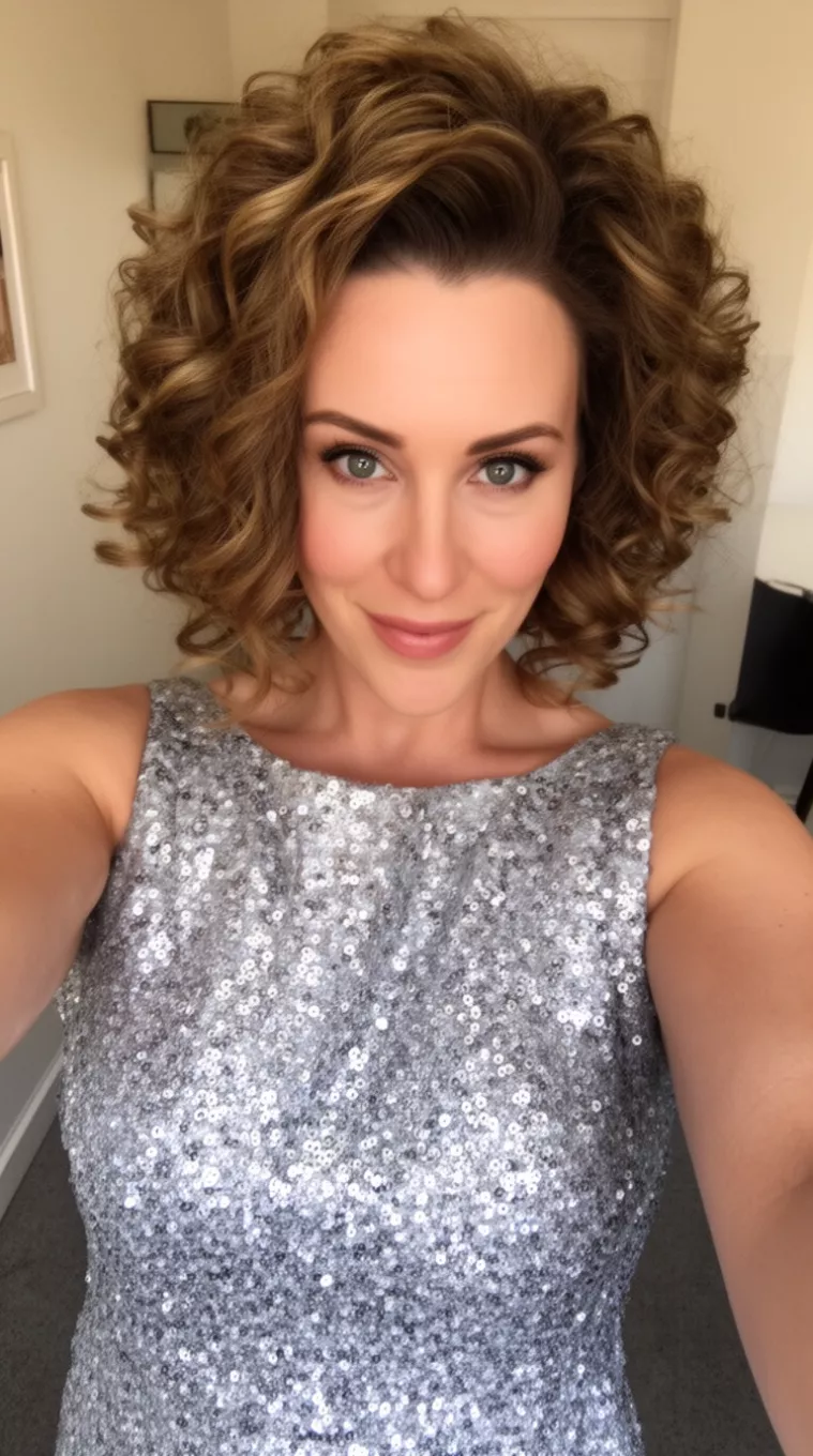 selfie of a 32-year-old woman wearing a silver sequin dress with a Supermodel Volume Blowout hairstyle