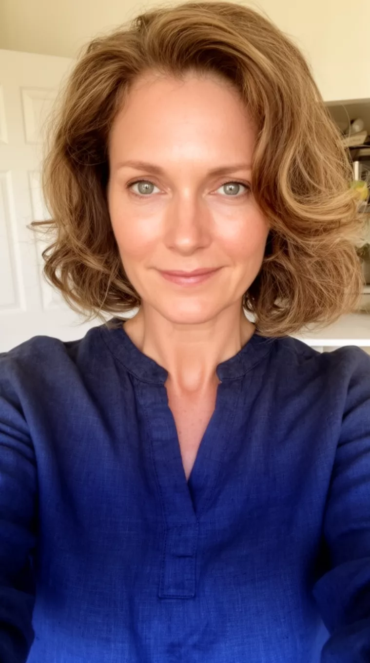selfie of a 42-year-old woman wearing a navy blue linen shirt with a U-Shaped Cut hairstyle