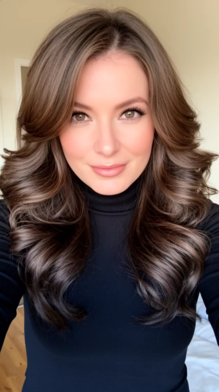 selfie of a 31-year-old woman wearing a fitted black turtleneck with a Long Voluminous Layers hairstyle