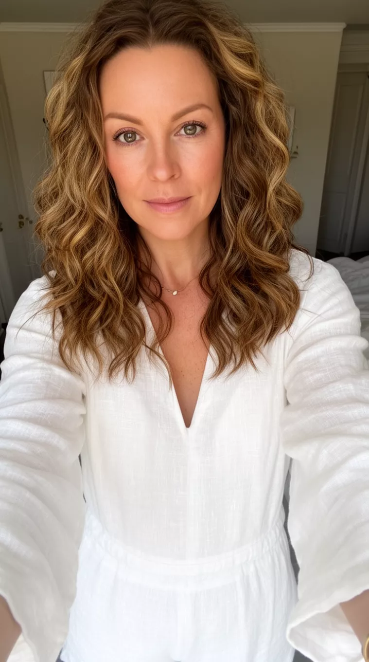 selfie of a 36-year-old woman wearing a white linen jumpsuit with a Natural Texture Waves hairstyle
