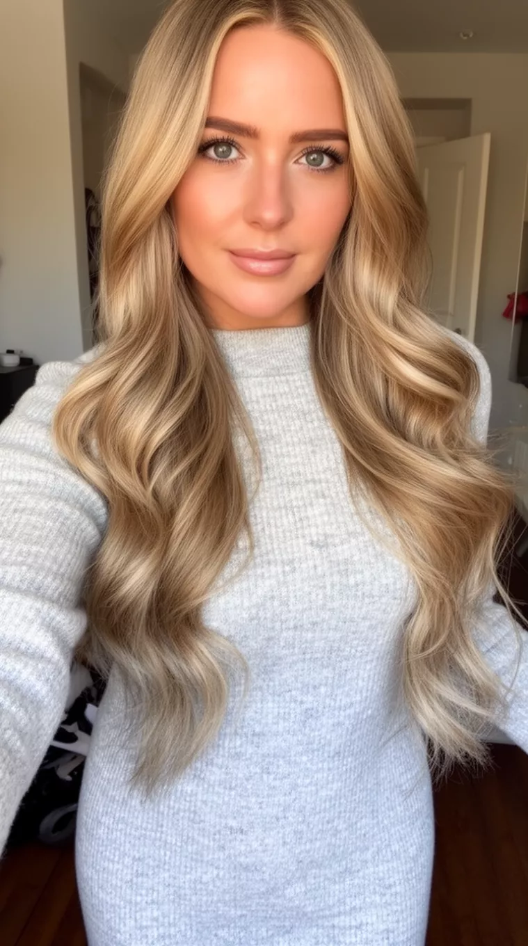 selfie of a 29-year-old woman wearing a light grey sweater dress with a Soft Long Blowouts hairstyle