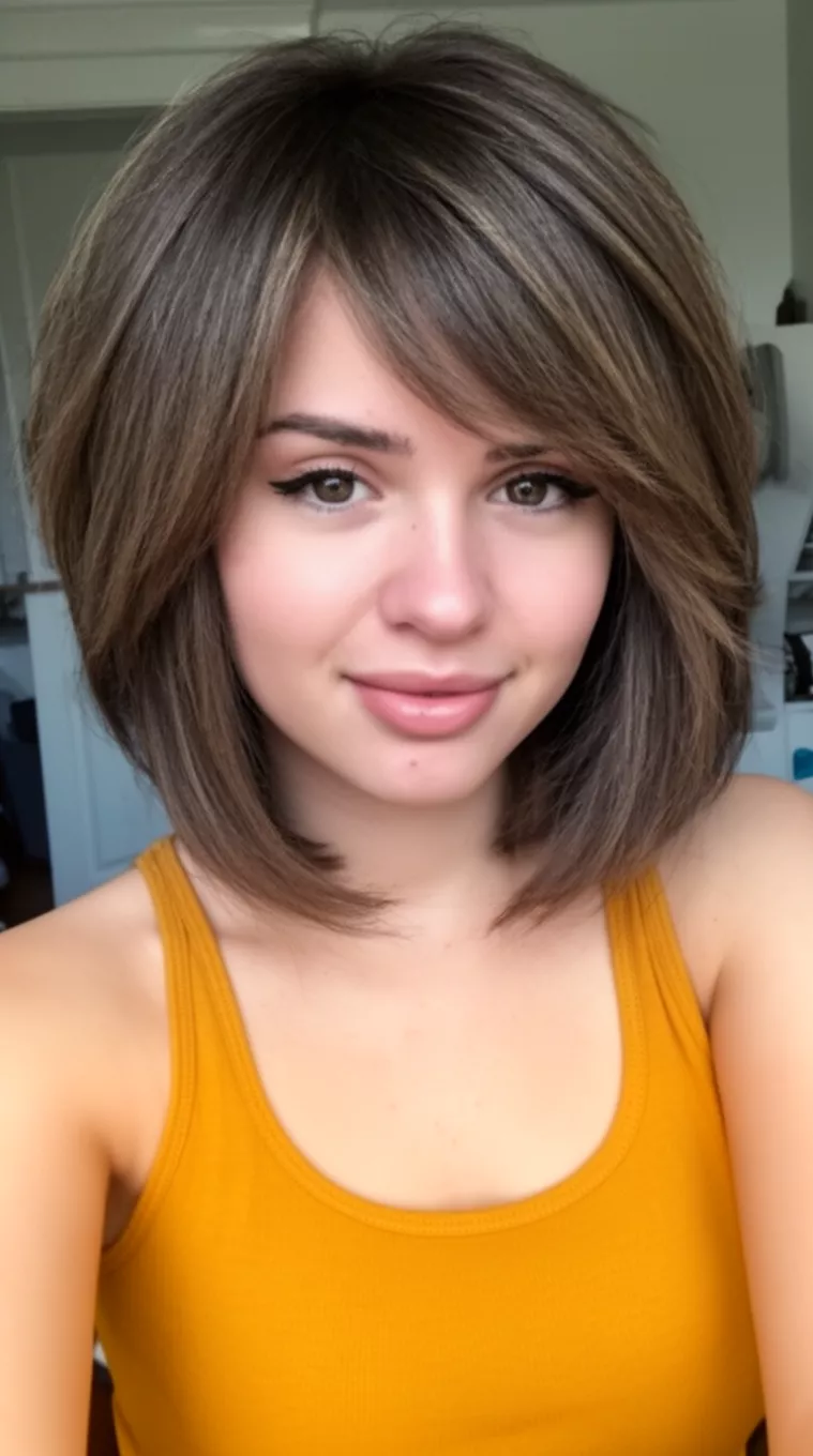 selfie of a 24-year-old woman wearing a mustard yellow tank top with a Face-Framing Layers hairstyle