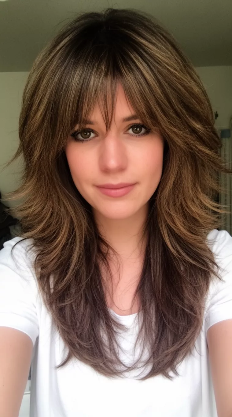 selfie of a 29-year-old woman wearing a simple top with a Shaggy Long Layers hairstyle
