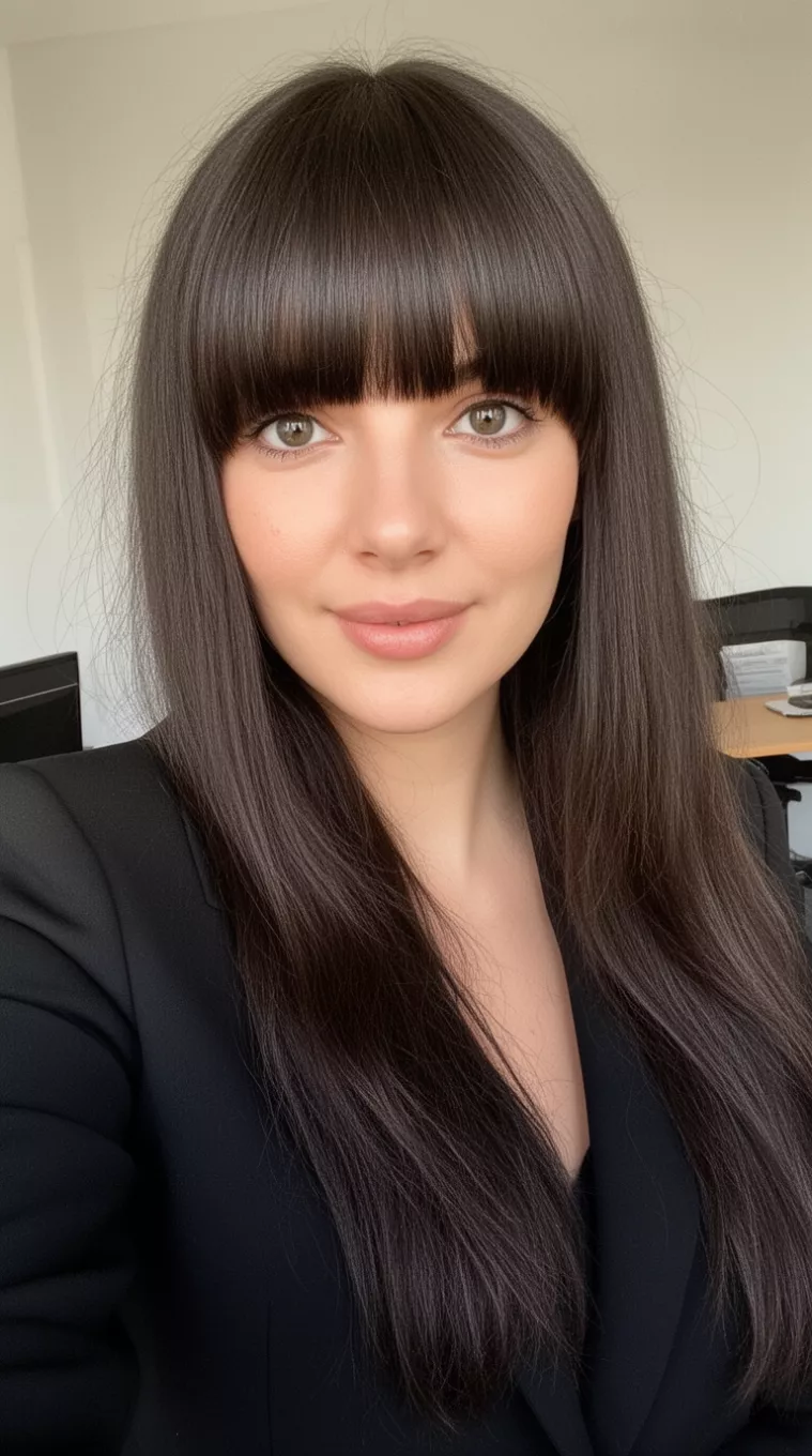selfie of a 30-year-old woman wearing a black blazer with a Disconnected Bangs Long hairstyle