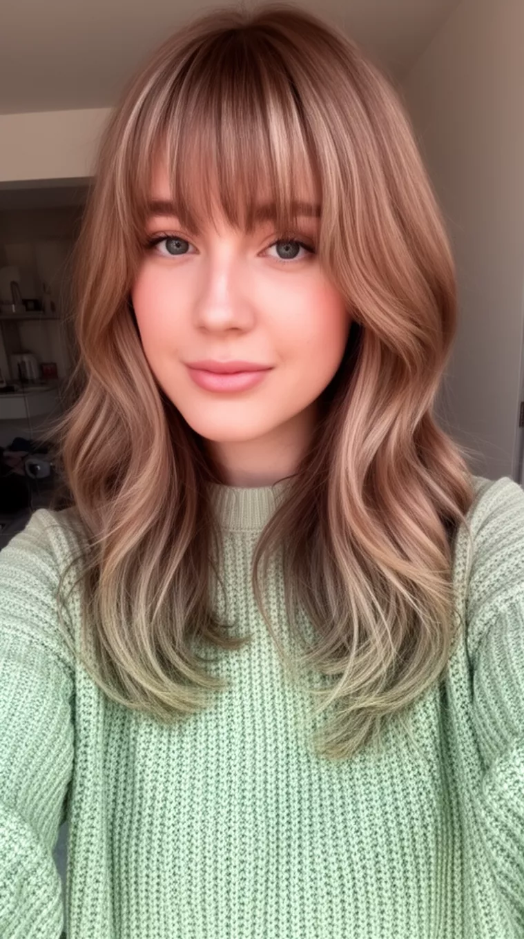 selfie of a 23-year-old woman wearing a sage green knitted top with a Wispy Bangs Flowing Layers hairstyle