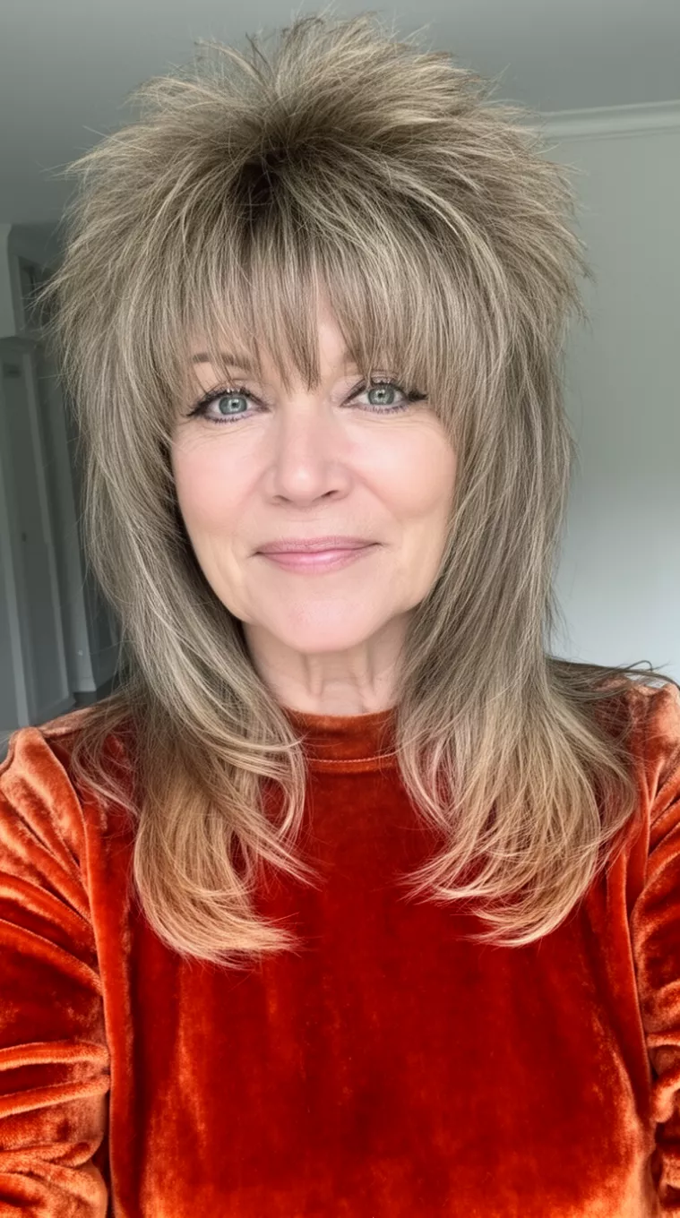 selfie of a 45-year-old woman wearing a rust colored velvet top with a 70s Feathered Long Cut hairstyle