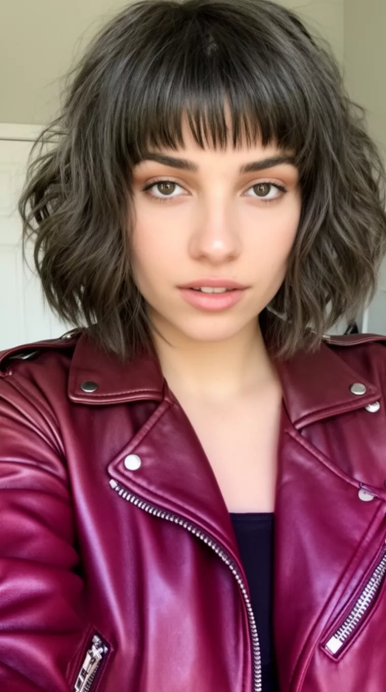 selfie of a 22-year-old woman wearing a burgundy leather jacket with an Extended Wolf Cut hairstyle