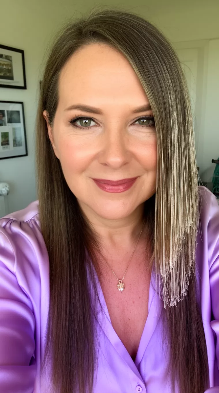 selfie of a 41-year-old woman wearing a lavender silk blouse with a Side Fringe Long Hair hairstyle