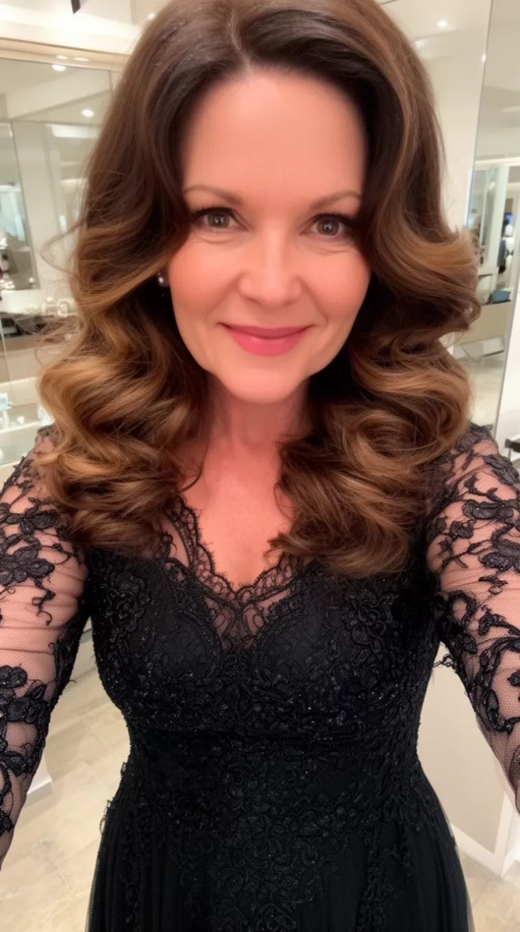 selfie of a 40-year-old woman wearing a black lace gown with a Hollywood Waves Long hairstyle
