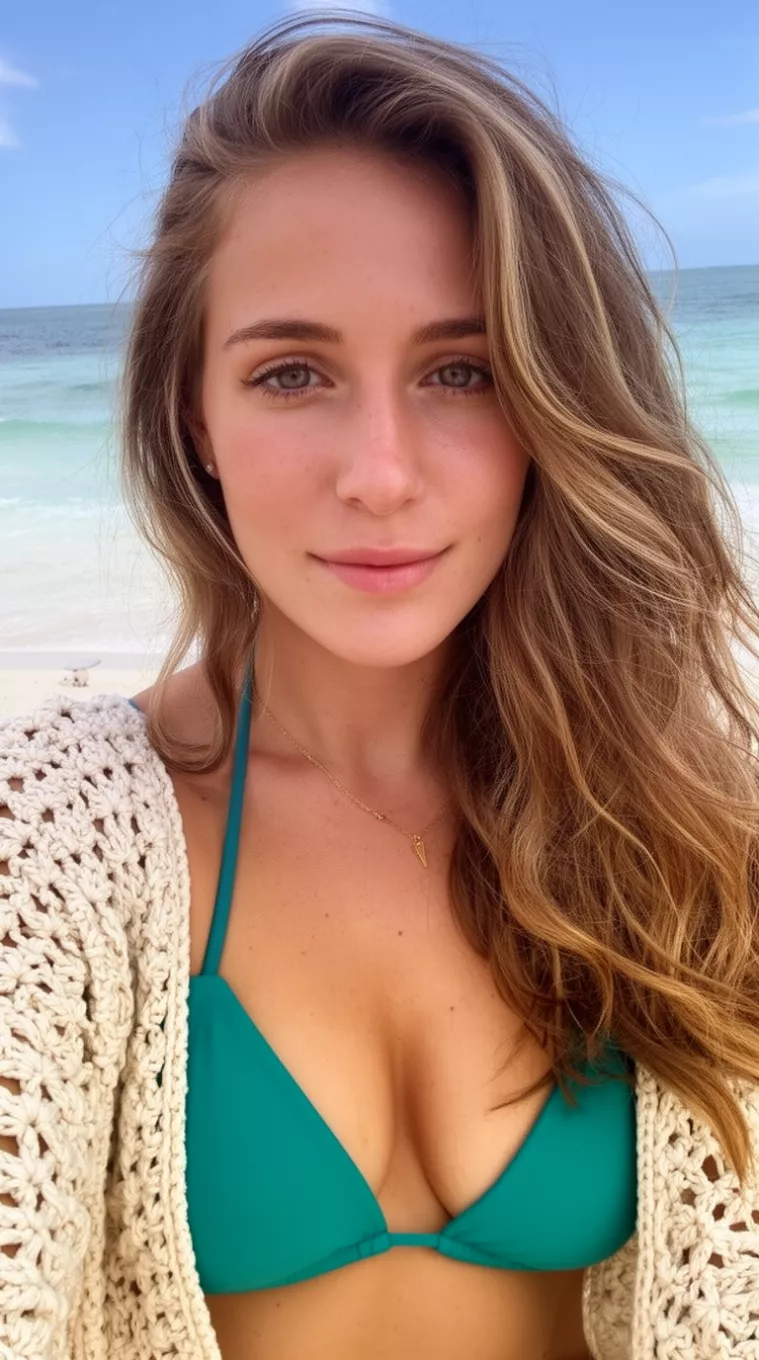 selfie of a 27-year-old woman wearing a teal bikini top and crochet coverup with a Beachy Long Waves hairstyle