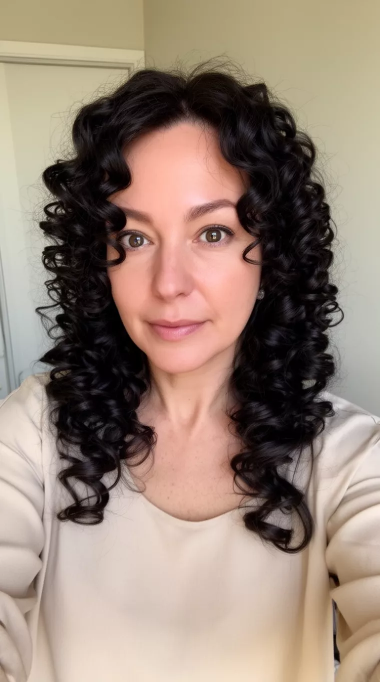 selfie of a 38-year-old woman wearing a simple neutral colored blouse with a Sculptural Curls Long hairstyle