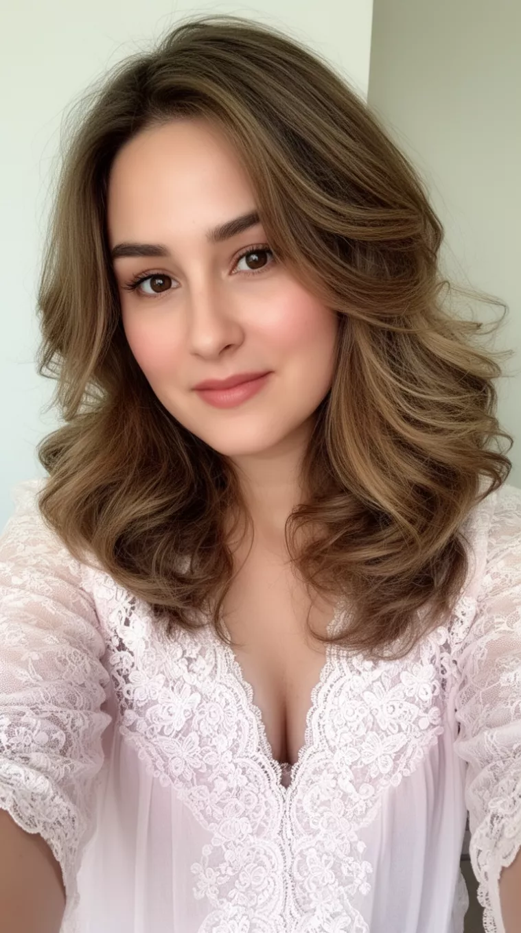 selfie of a 29-year-old woman wearing a lace-trimmed blouse that is appropriate for her age with a Butterfly Layers hairstyle, minimal background