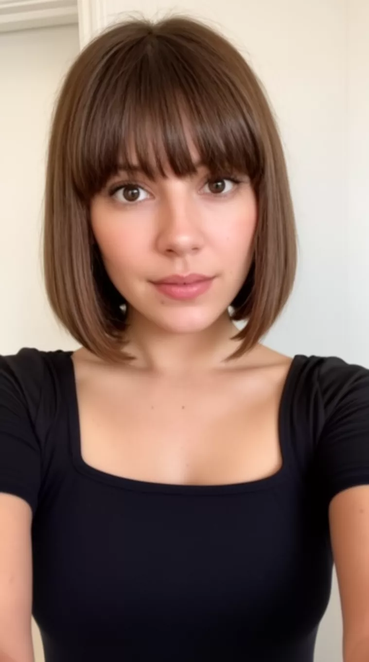 selfie of a 26-year-old woman wearing a square-neck bodysuit that is appropriate for her age with a Curtain Bangs Lob hairstyle, minimal background