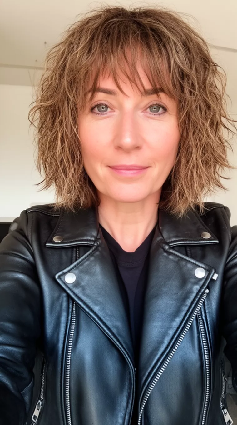 selfie of a 36-year-old woman wearing a leather moto jacket that is appropriate for her age with a Shaggy Lob hairstyle, minimal background