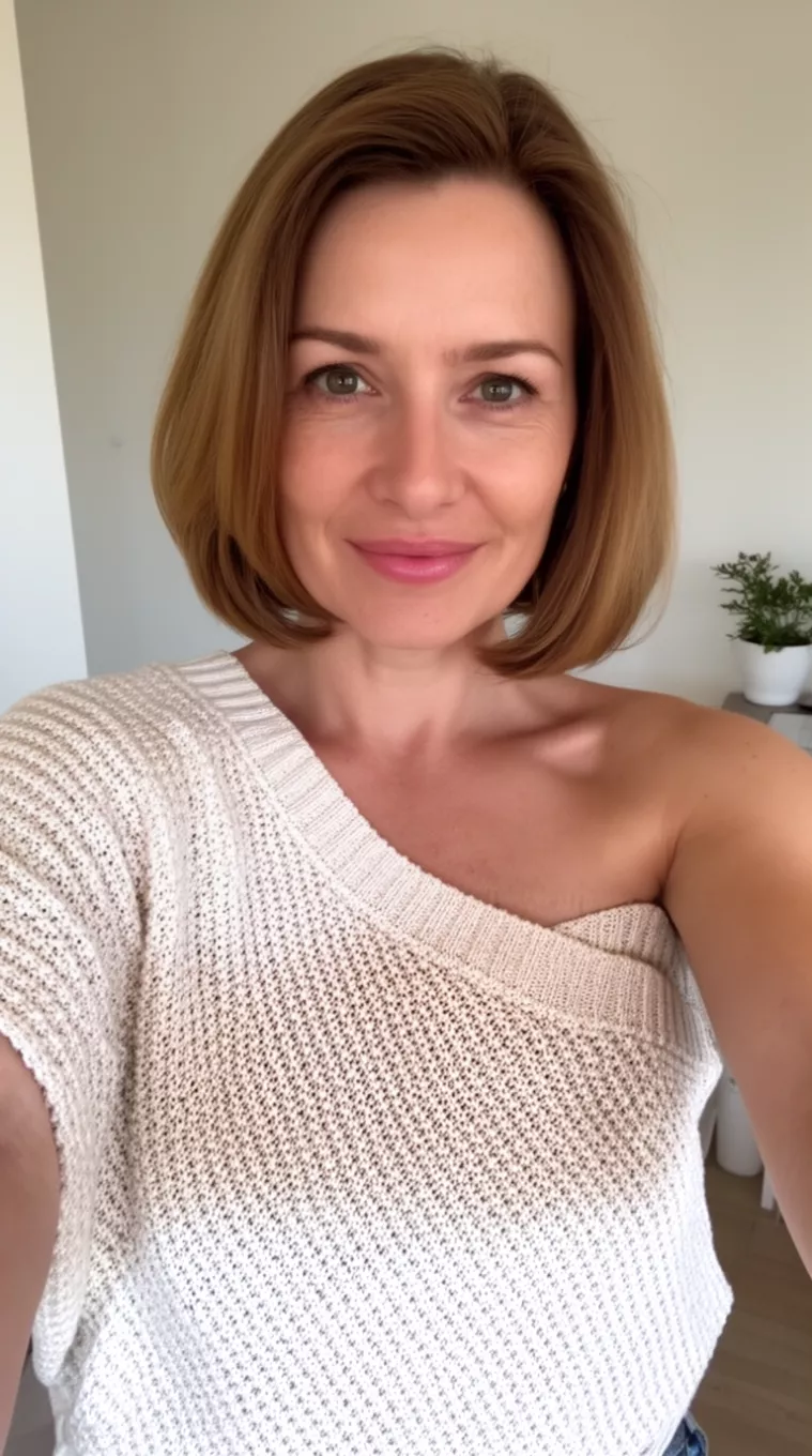 selfie of a 34-year-old woman wearing an asymmetrical knit top that is appropriate for her age with a Sculpted Shoulder-Length hairstyle, minimal background
