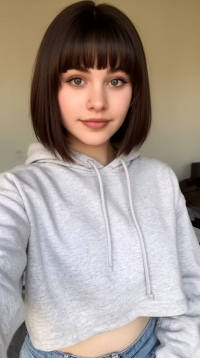 selfie of a 21-year-old woman wearing a cropped hoodie that is appropriate for her age with a Disconnected Bangs Lob hairstyle, minimal background