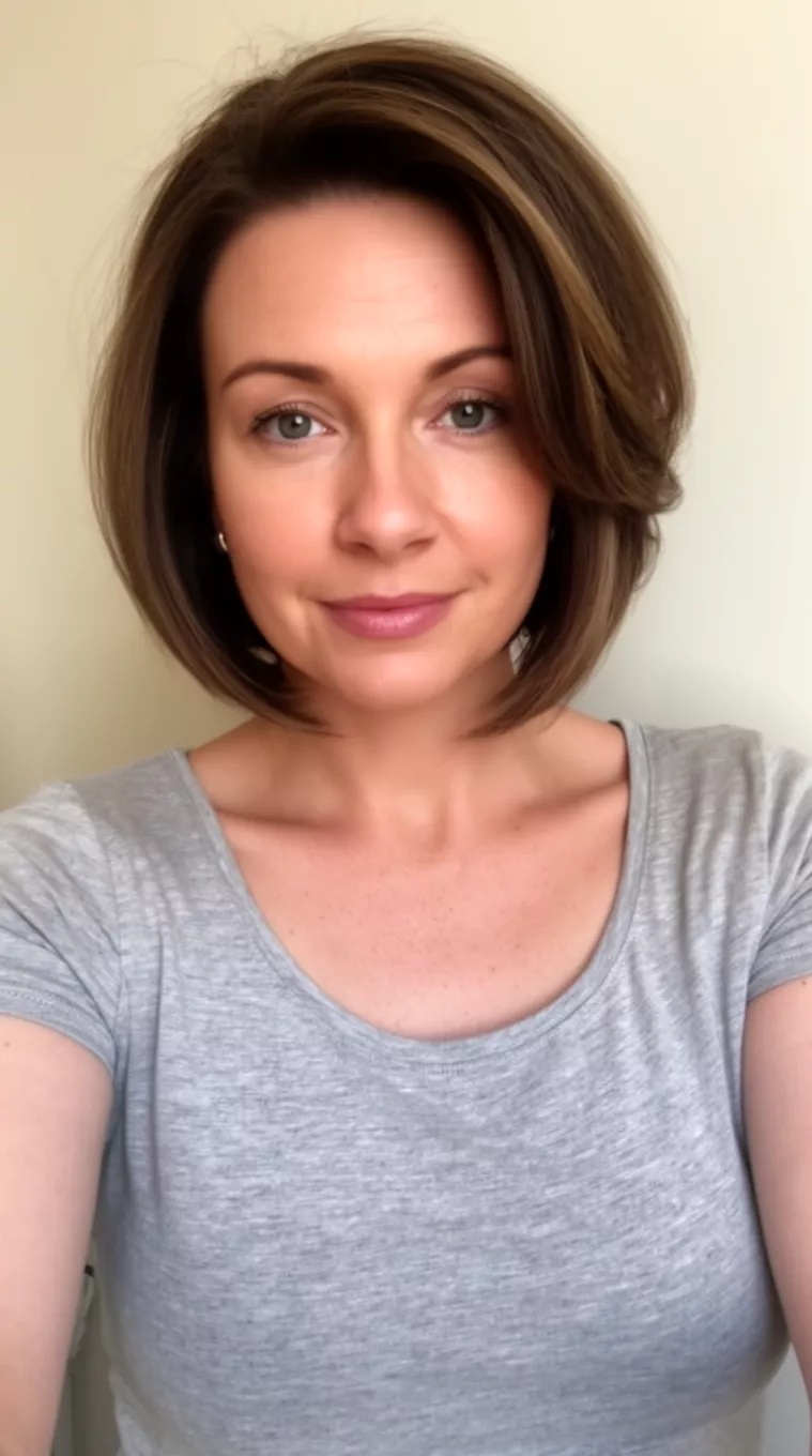 selfie of a 32-year-old woman wearing a scoop-neck t-shirt that is appropriate for her age with a Root Volume Lob hairstyle, minimal background