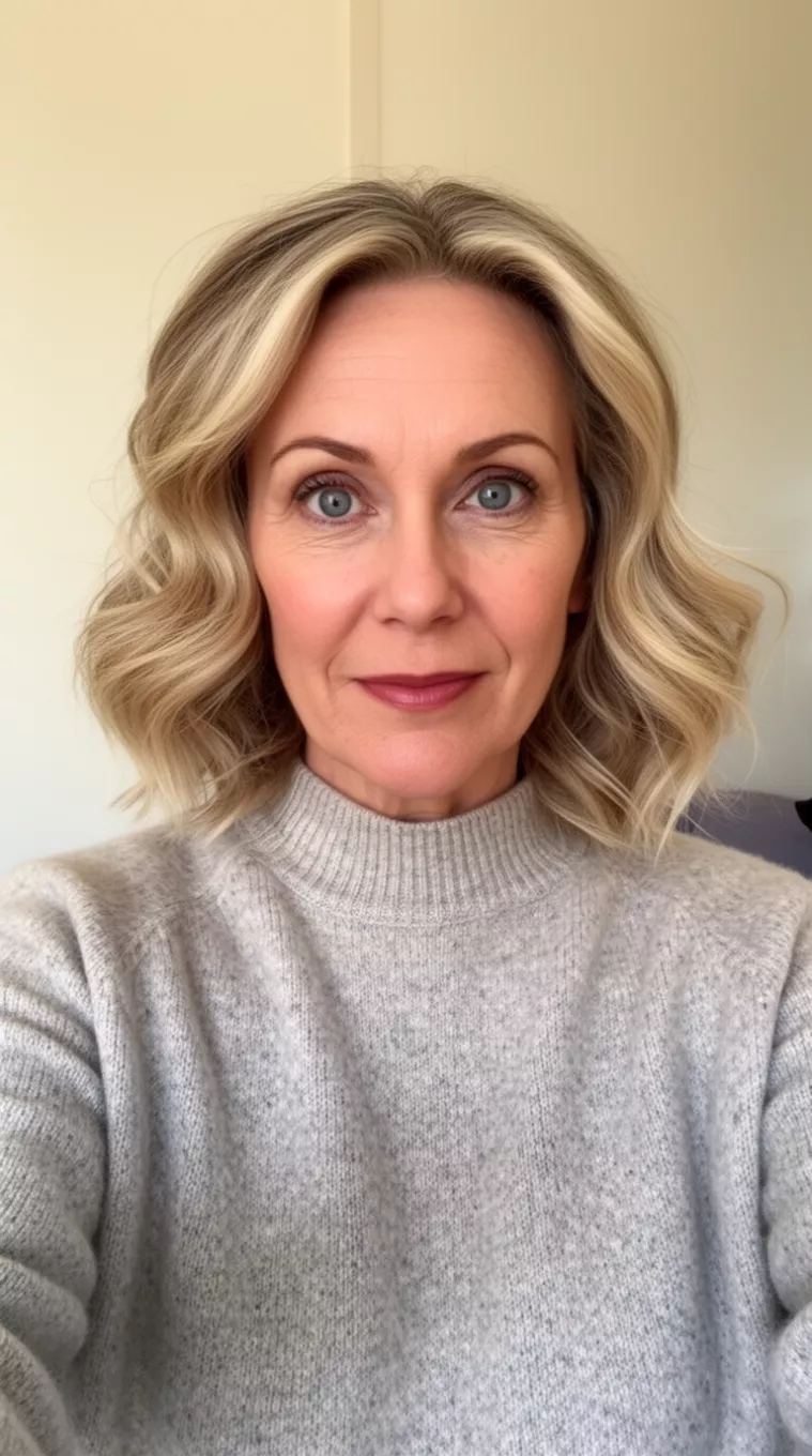 selfie of a 35-year-old woman wearing a cashmere sweater that is appropriate for her age with a Ghost Layers hairstyle, minimal background
