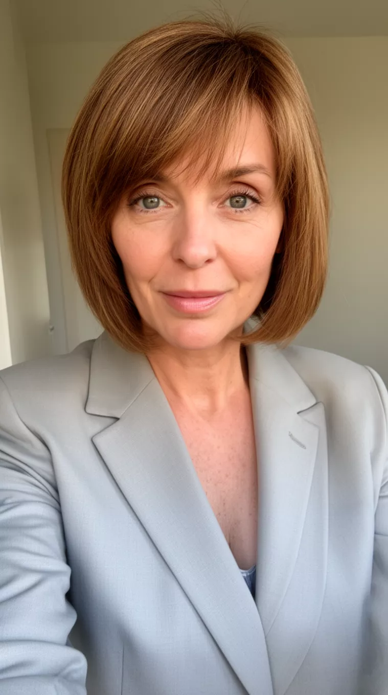 selfie of a 38-year-old woman wearing a tailored blazer that is appropriate for her age with a Graduated Bob hairstyle, minimal background