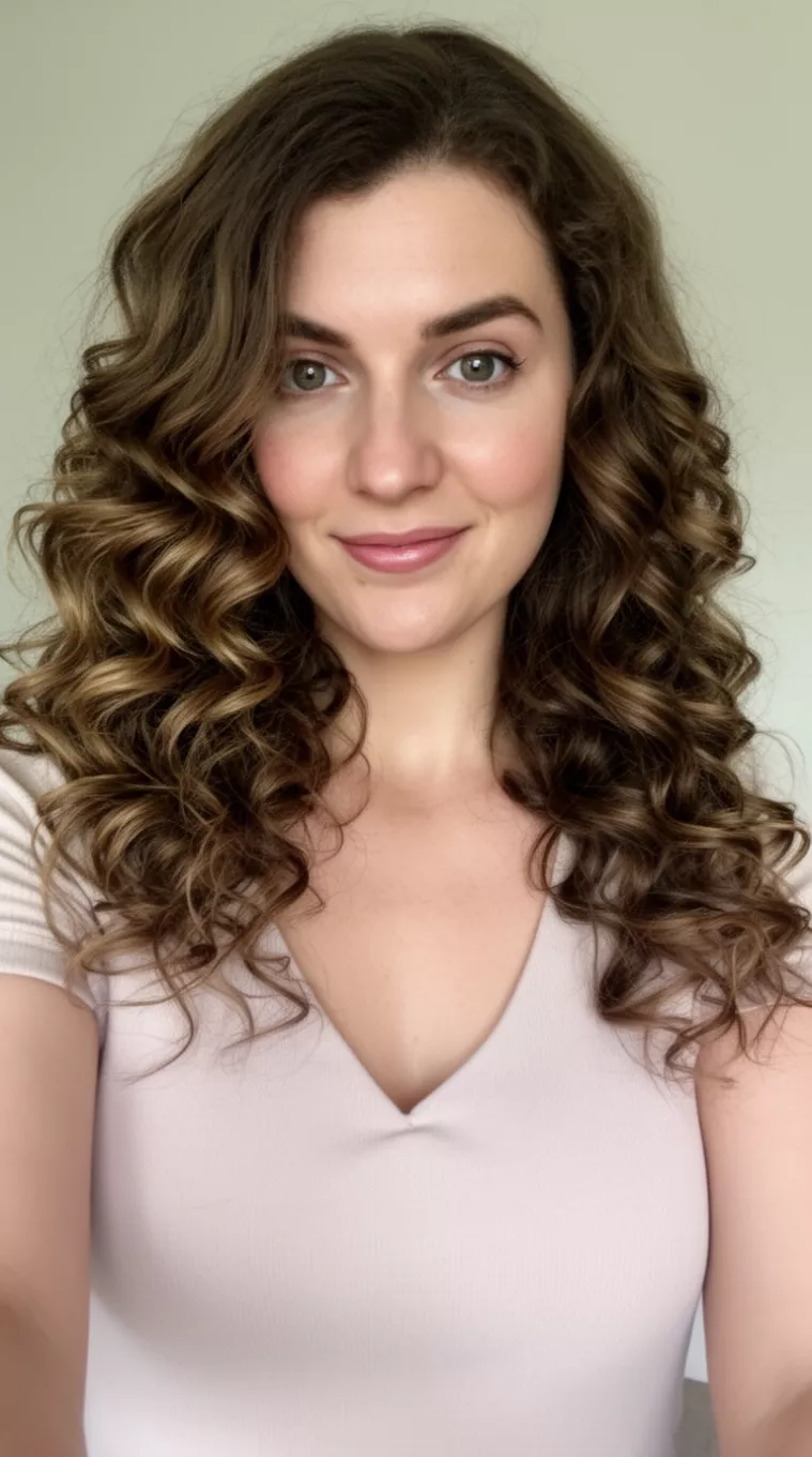 selfie of a 30-year-old woman wearing a v-neck top with a Romantic Medium Curls hairstyle, minimal background