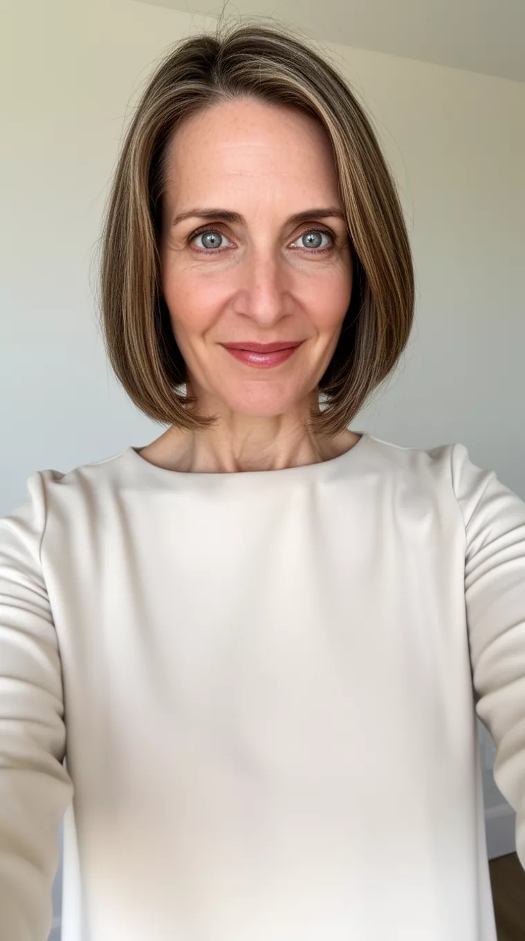 selfie of a 40-year-old woman wearing a minimalist shift dress that is appropriate for her age with a Collarbone Lob hairstyle, minimal background