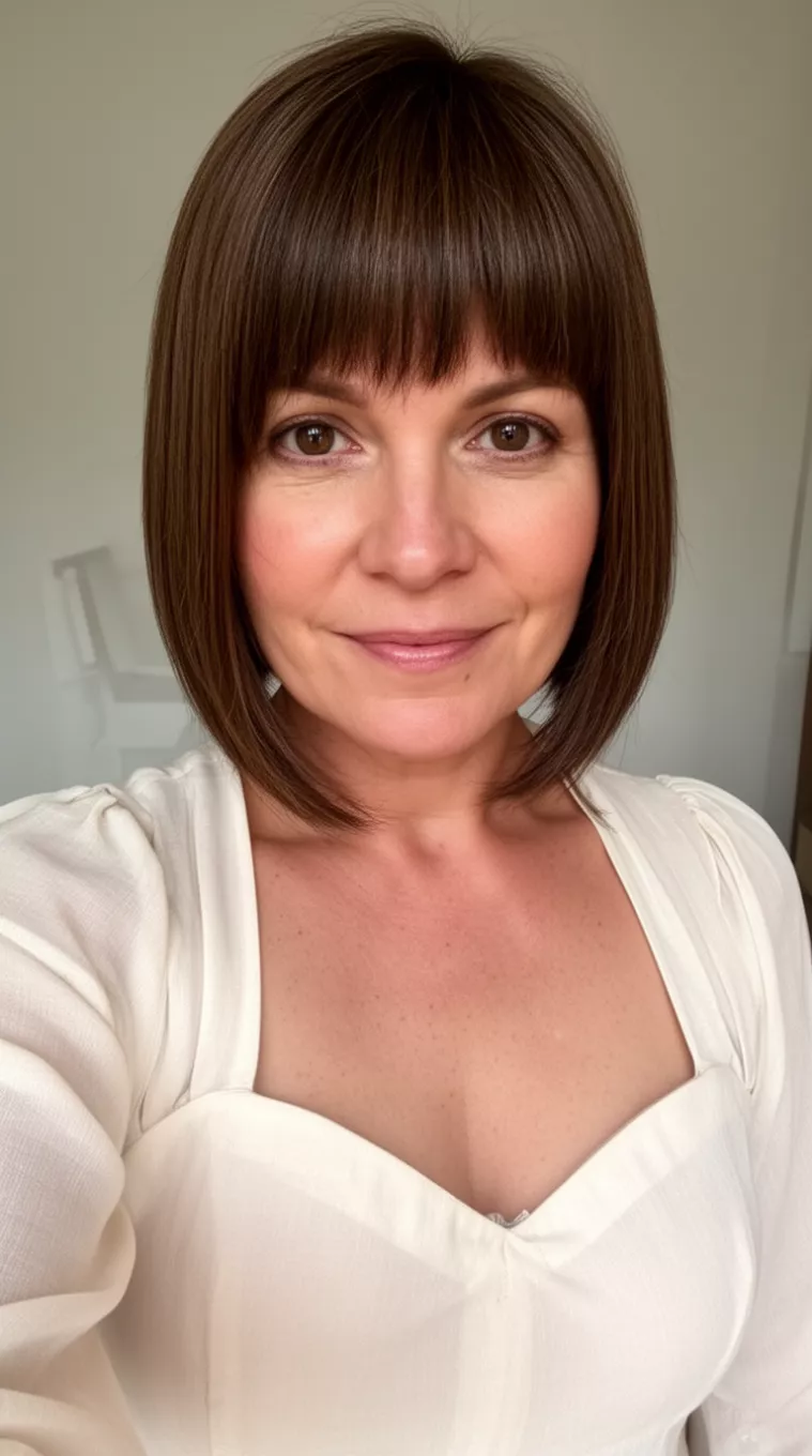 selfie of a 39-year-old woman wearing a sweetheart neckline blouse that is appropriate for her age with a Side Fringe Medium Cut hairstyle, minimal background