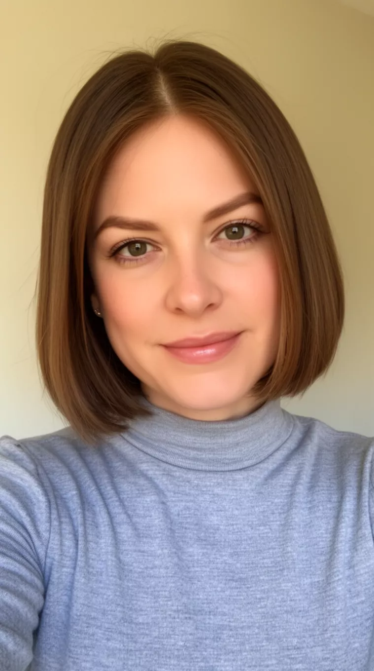 selfie of a 30-year-old woman wearing a mock-neck top that is appropriate for her age with an Angled Lob hairstyle, minimal background
