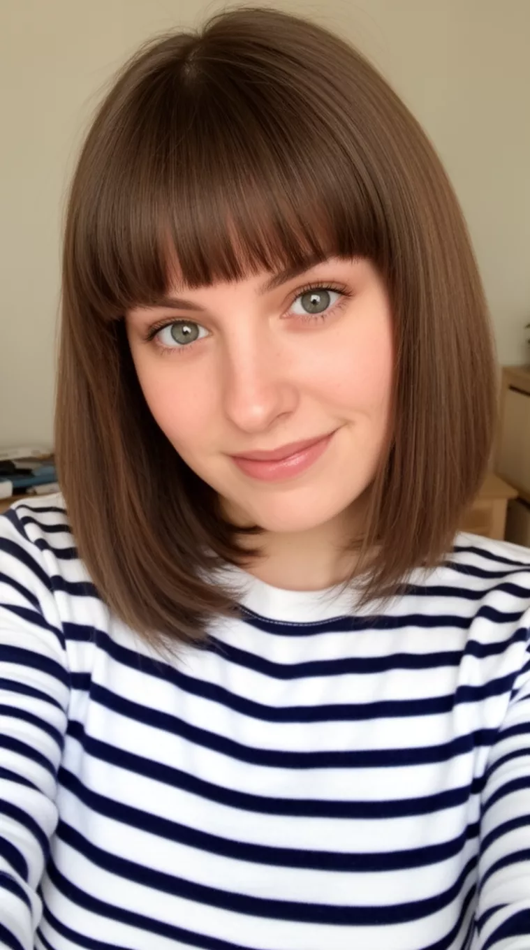 selfie of a 27-year-old woman wearing a striped mariner top that is appropriate for her age with a Birkin Bangs Lob hairstyle, minimal background
