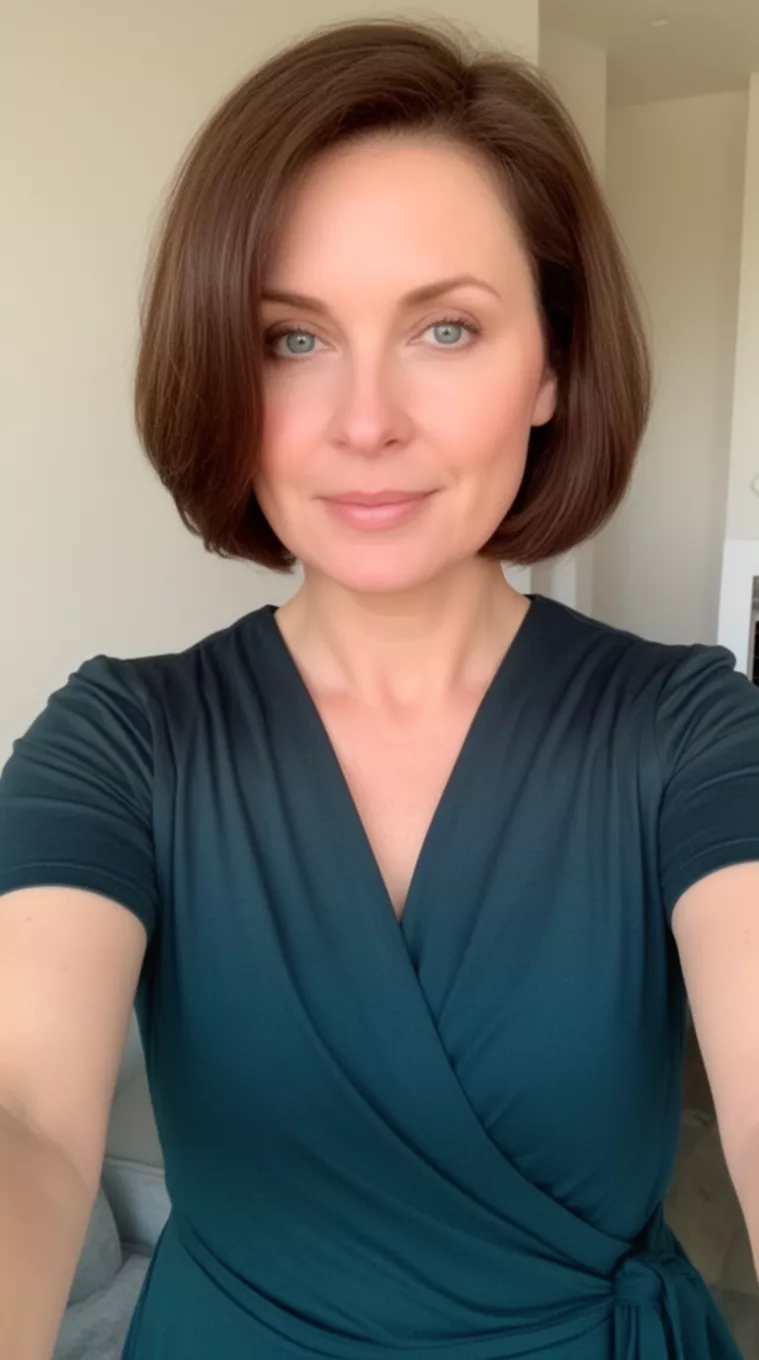 selfie of a 33-year-old woman wearing a wrap dress that is appropriate for her age with a Rounded Lob hairstyle, minimal background