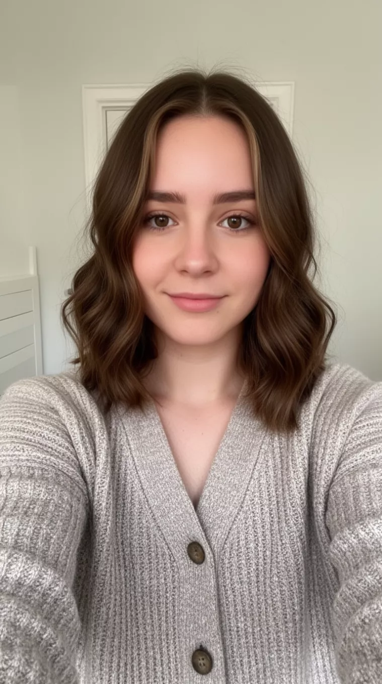 selfie of a 25-year-old woman wearing a cardigan with a Flippy Lob hairstyle, minimal background