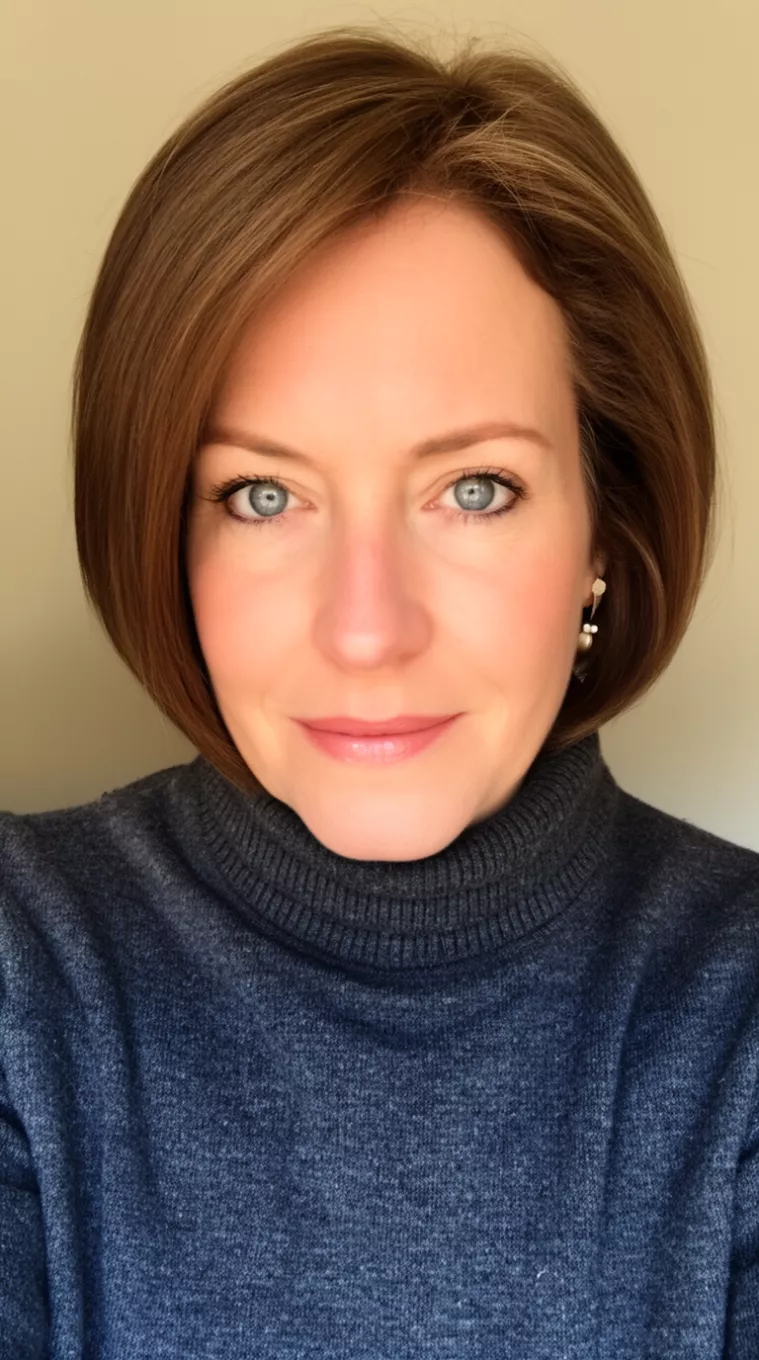 selfie of a 45-year-old woman wearing a charcoal grey turtleneck with a Disciplined Bob