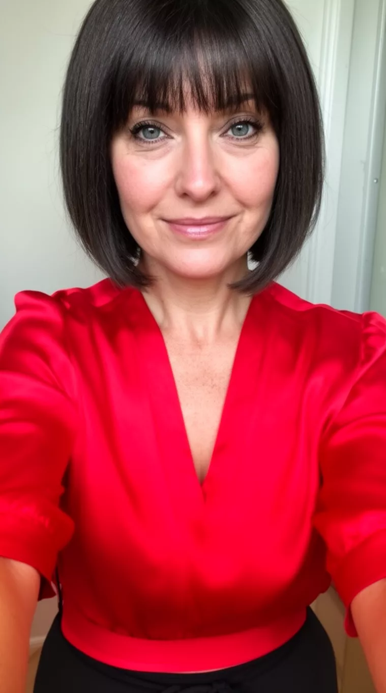selfie of a 41-year-old woman wearing a bright red silk blouse with a Cropped Bob