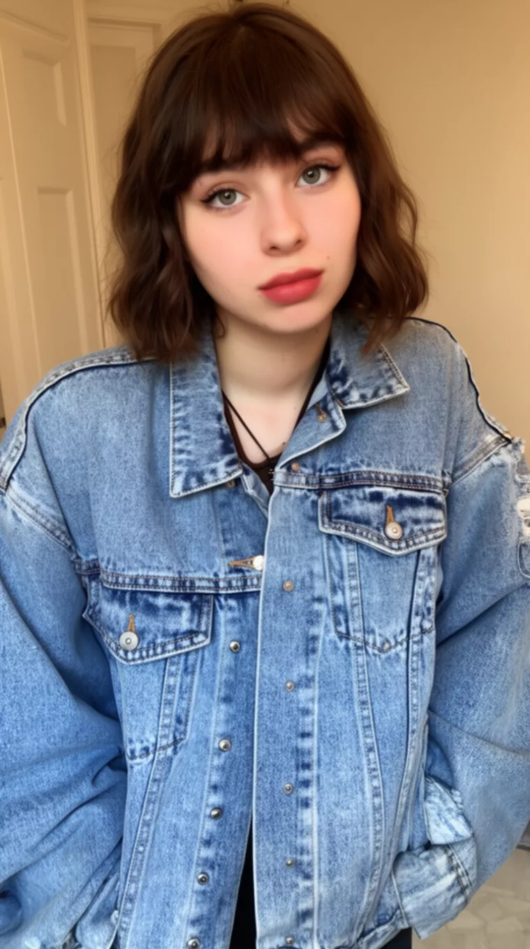 selfie of a 20-year-old woman wearing an oversized denim jacket with a '90s Bob