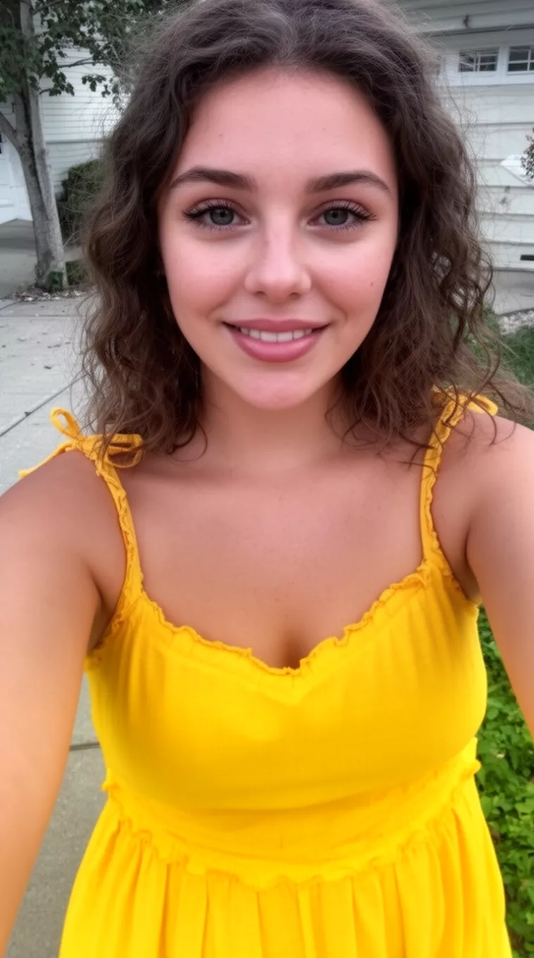 selfie of a 22-year-old woman wearing a sunshine-yellow sundress with a The Bixie