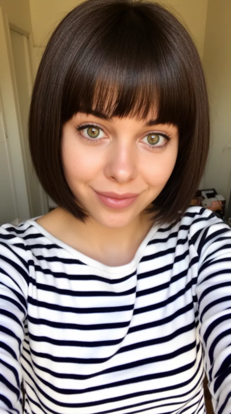 selfie of a 26-year-old woman wearing a striped Breton top with a French Bob