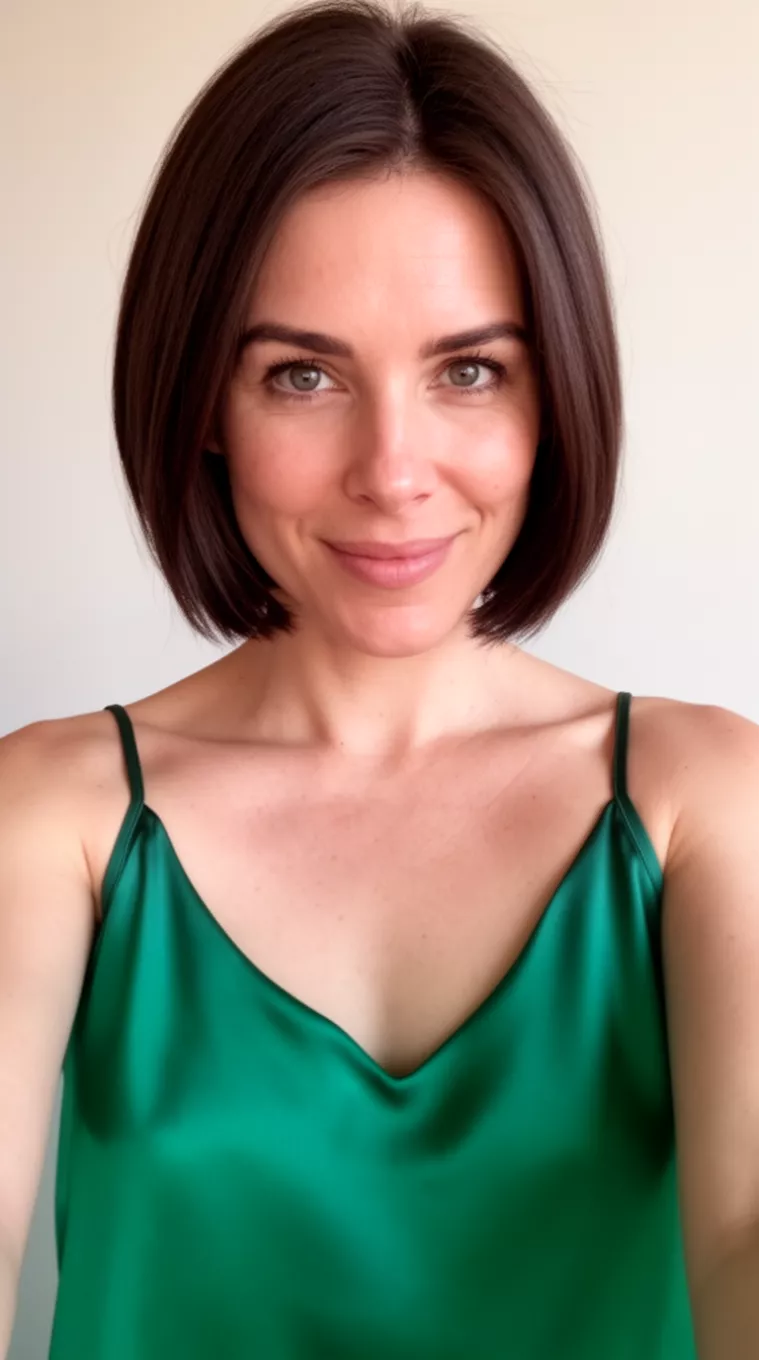 selfie of a 32-year-old woman wearing a minimalist silk camisole in emerald green with a Precision Bob
