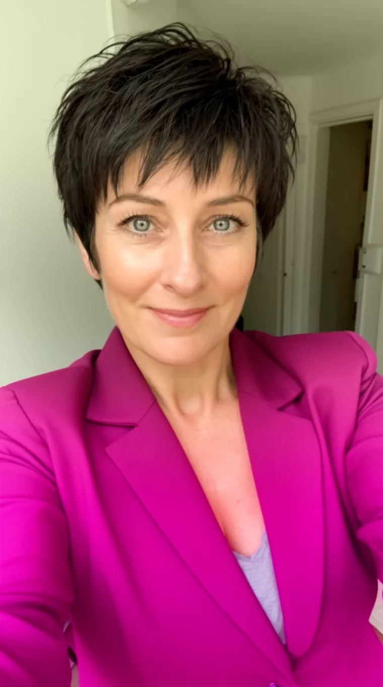 selfie of a 40-year-old woman wearing a magenta blazer with a Choppy Pixie