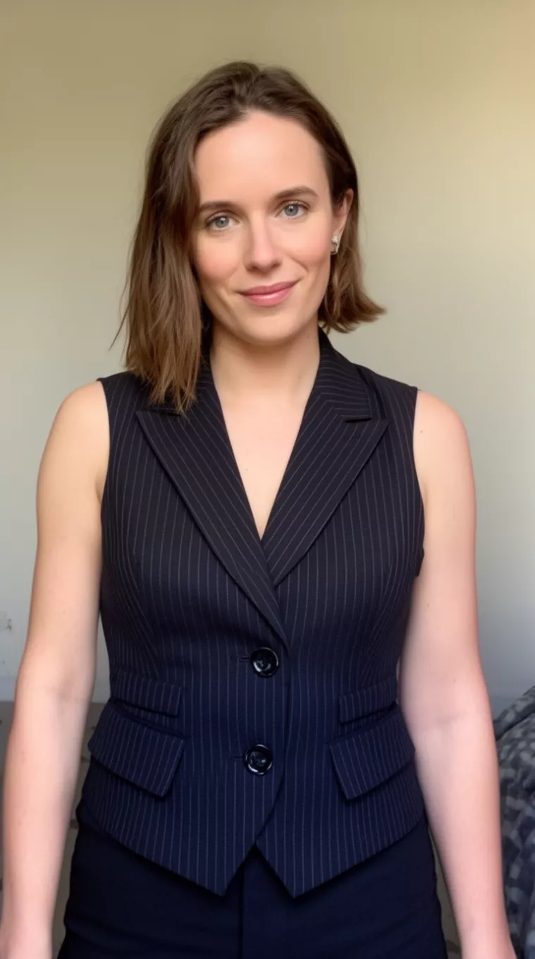 selfie of a 30-year-old woman wearing a structured pinstripe vest with a Boyish Crop