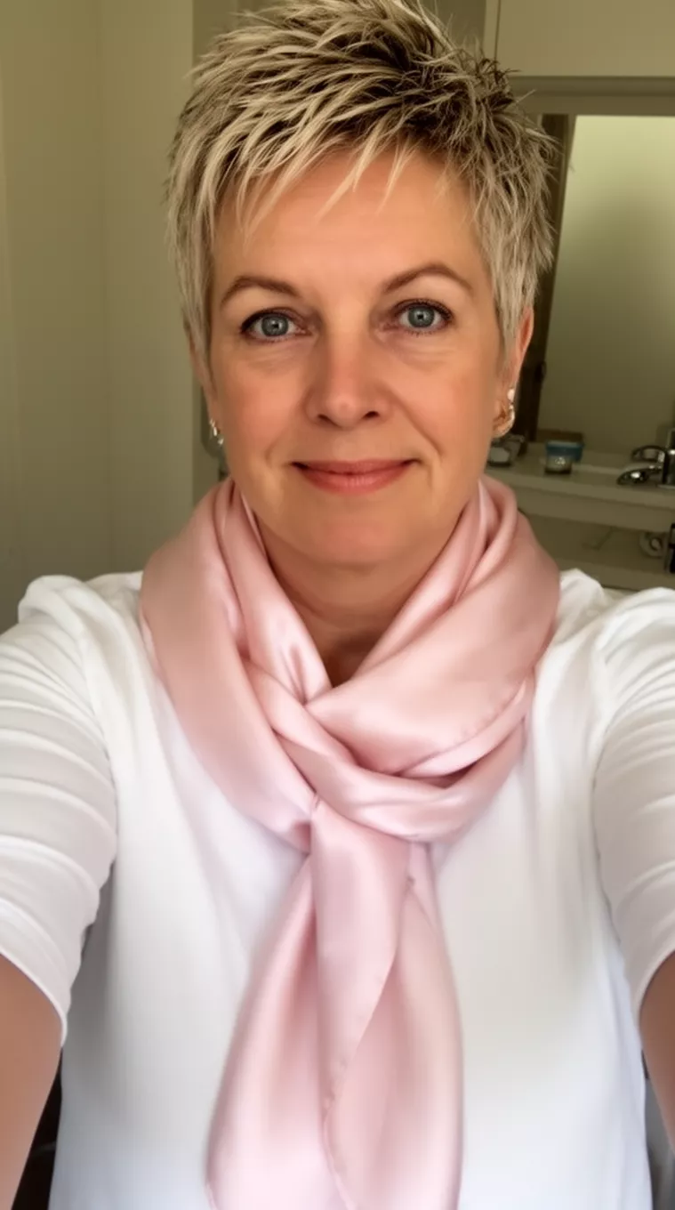 selfie of a 43-year-old woman wearing a pale pink silk scarf and white top with a Feathered Pixie