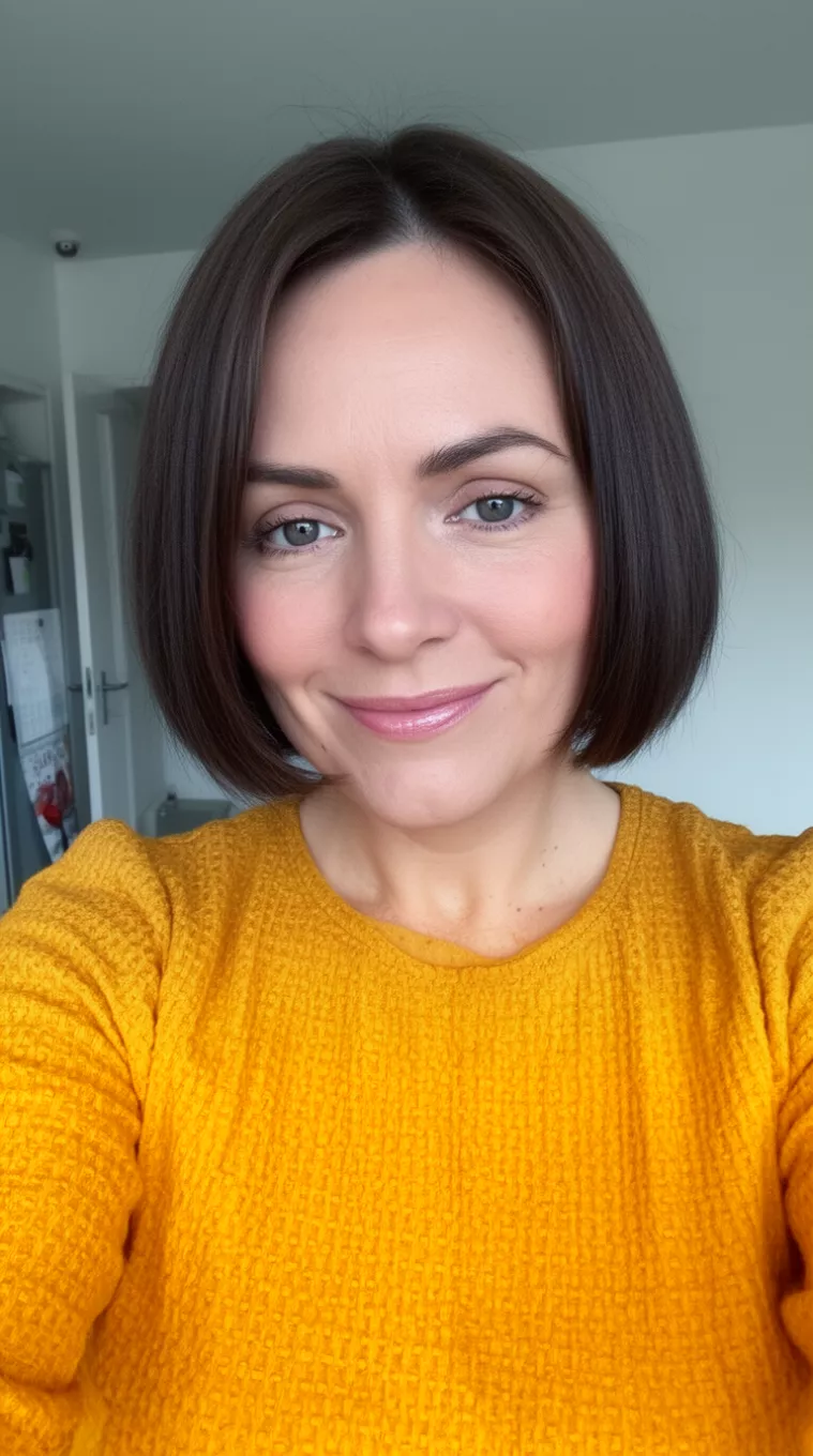 selfie of a 36-year-old woman wearing a mustard yellow top with a Textured Bob