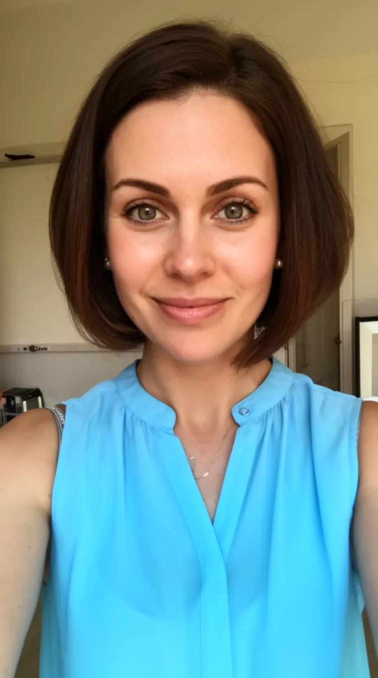 selfie of a 31-year-old woman wearing a sky-blue sleeveless blouse with an Airy Bob