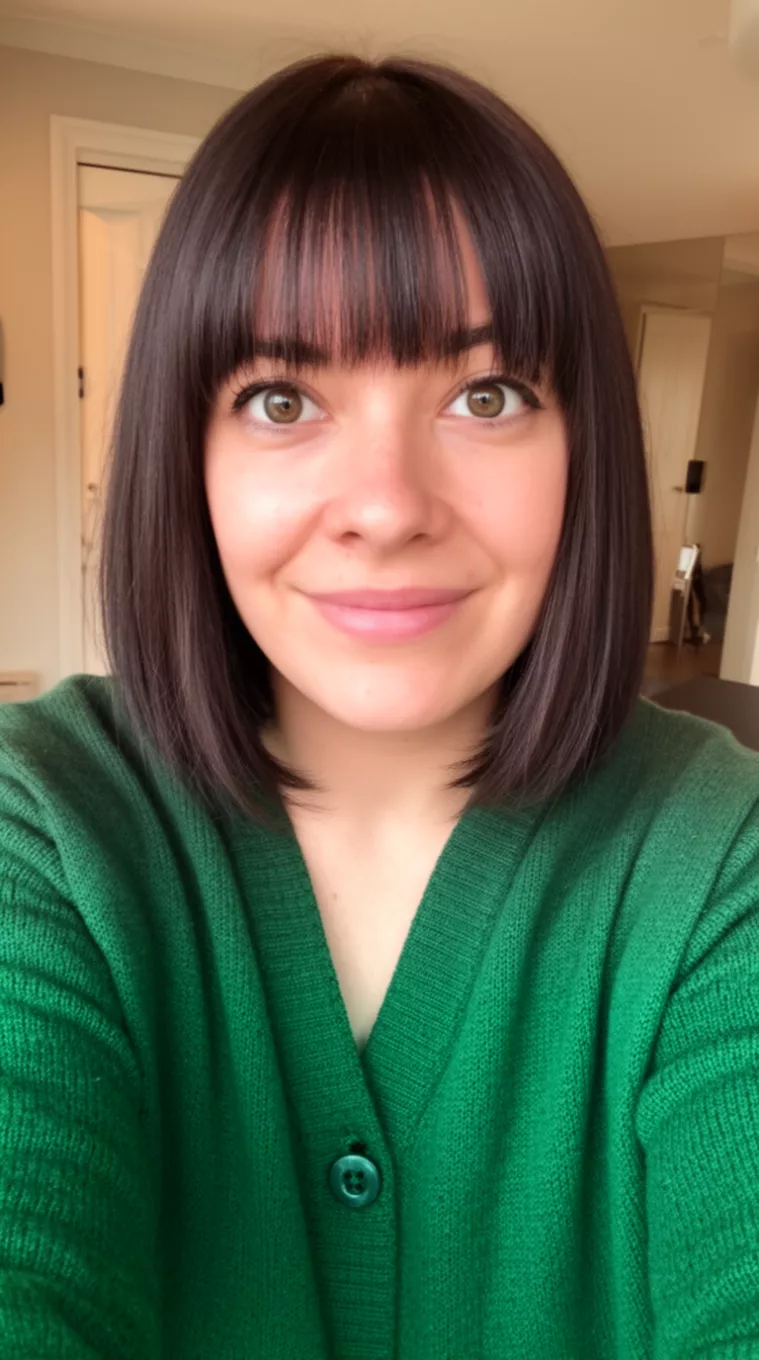 selfie of a 33-year-old woman wearing a forest green cardigan with a Chin-Length Bob With Fringe