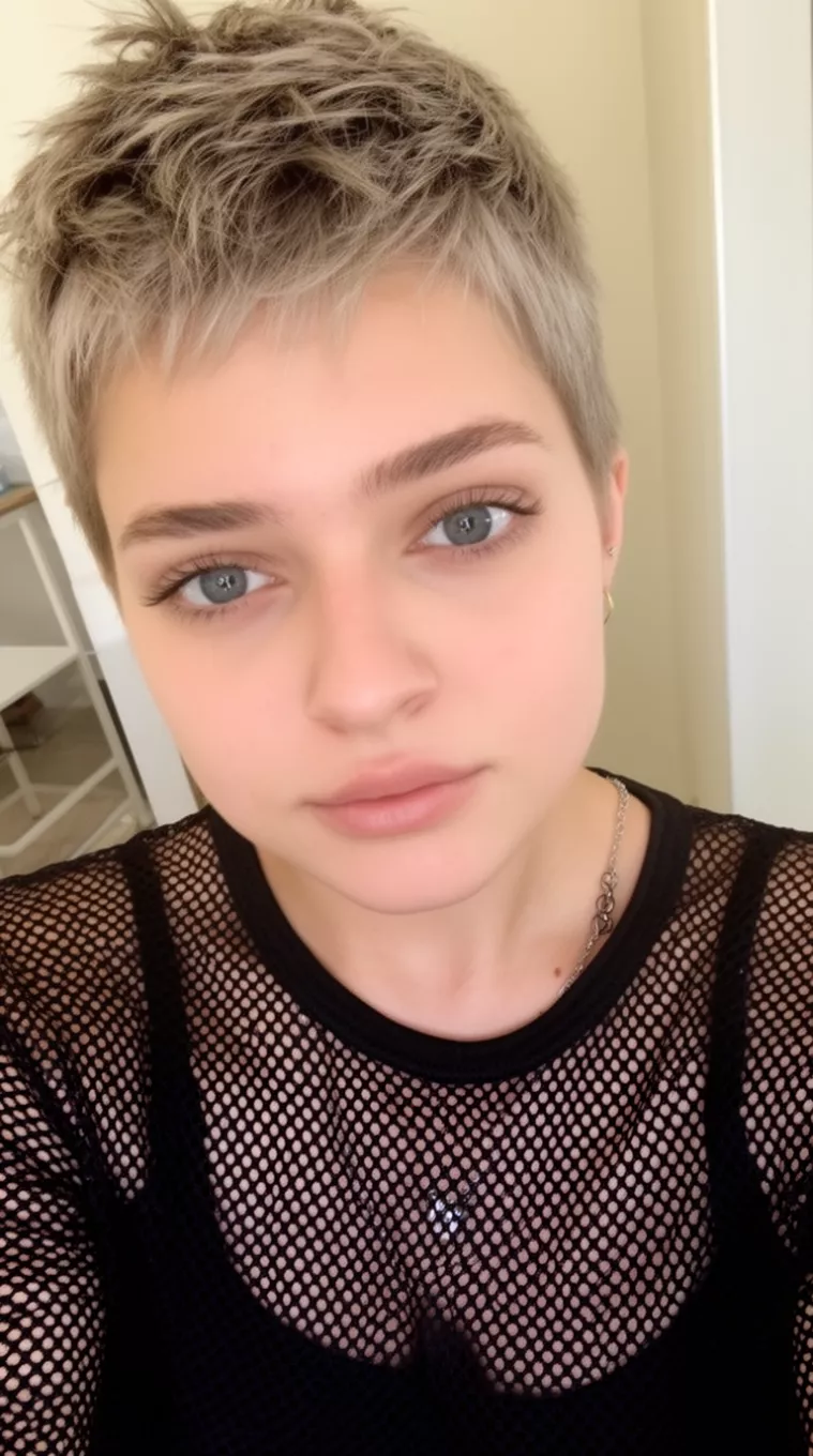 selfie of a 21-year-old woman wearing a black mesh top with a Piecey Pixie
