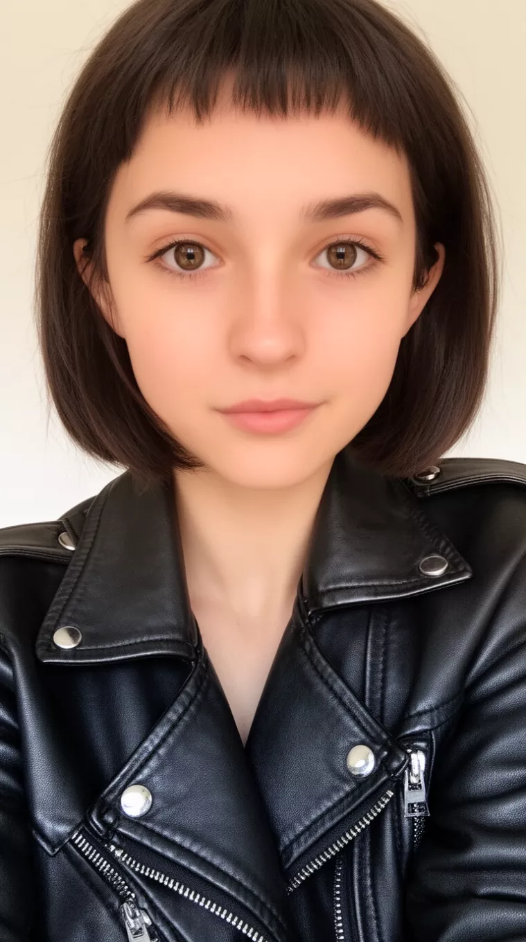 selfie of a 24-year-old woman wearing a black leather jacket with a Micro Bob