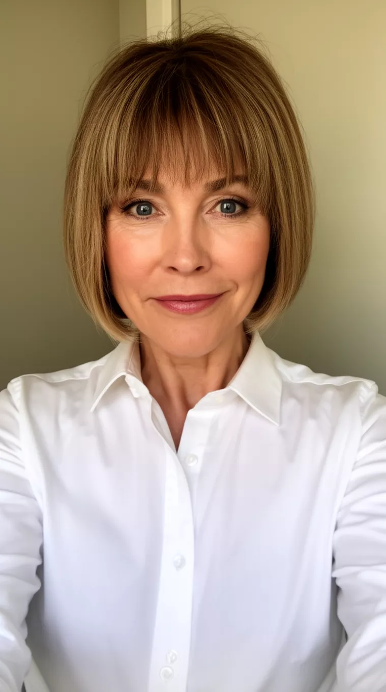 selfie of a 42-year-old woman wearing a crisp white button-down shirt with a Soft Box Bob